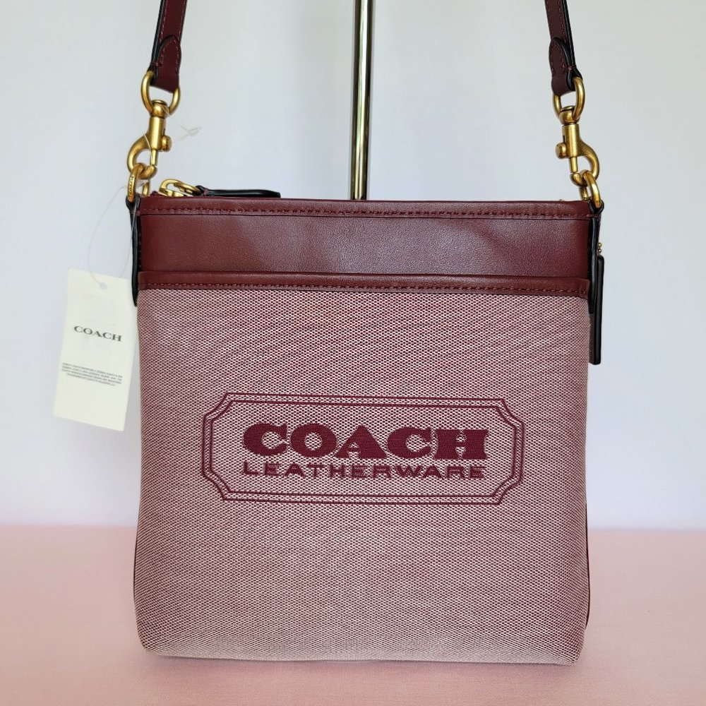COACH Kitt Badge Jacquard & Smooth Leather Crossbody- Wine Multi ⭐